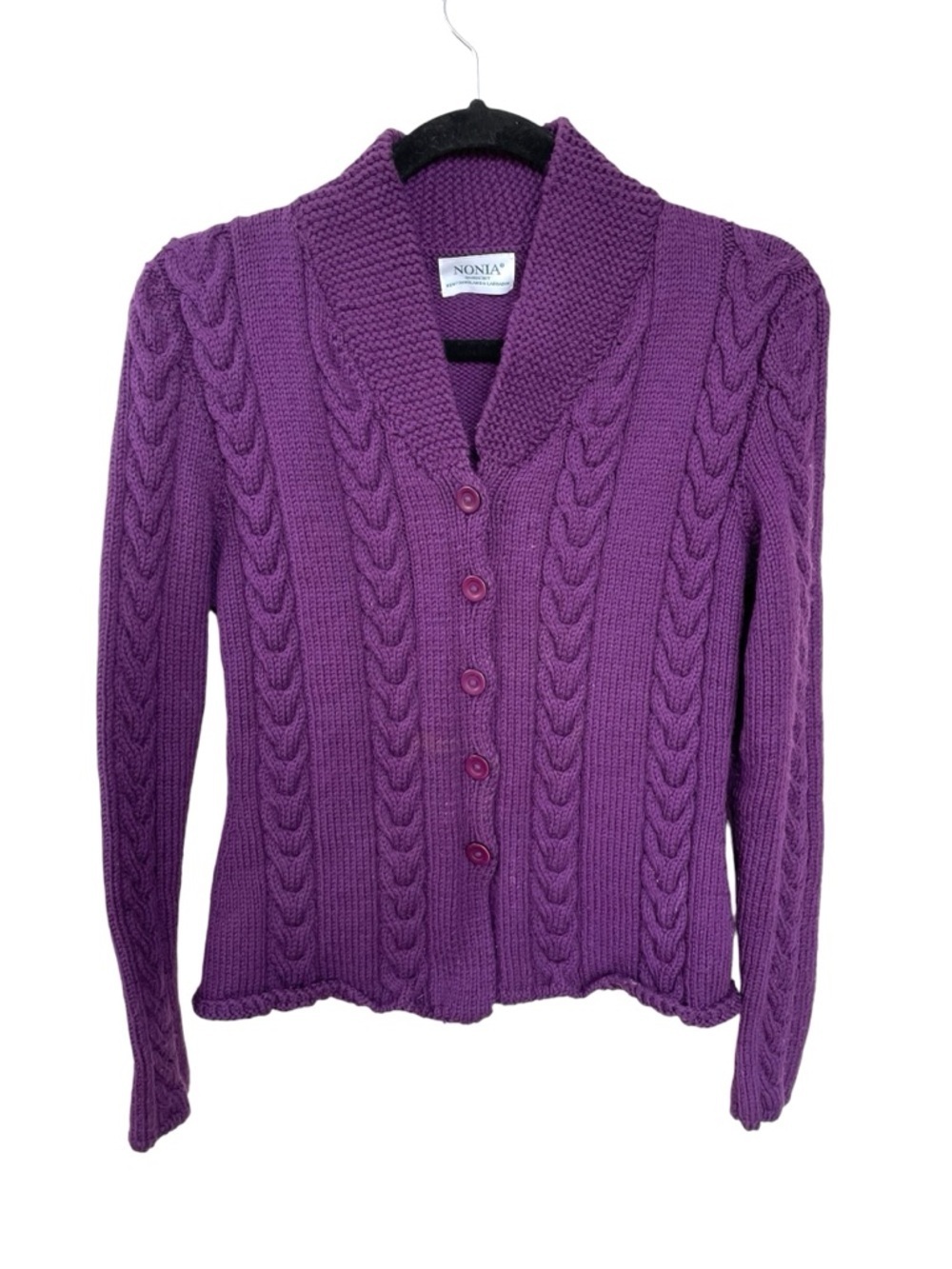 NONIA Wool Cable Knit Shawl Collar Cardigan Sweater Purple Small